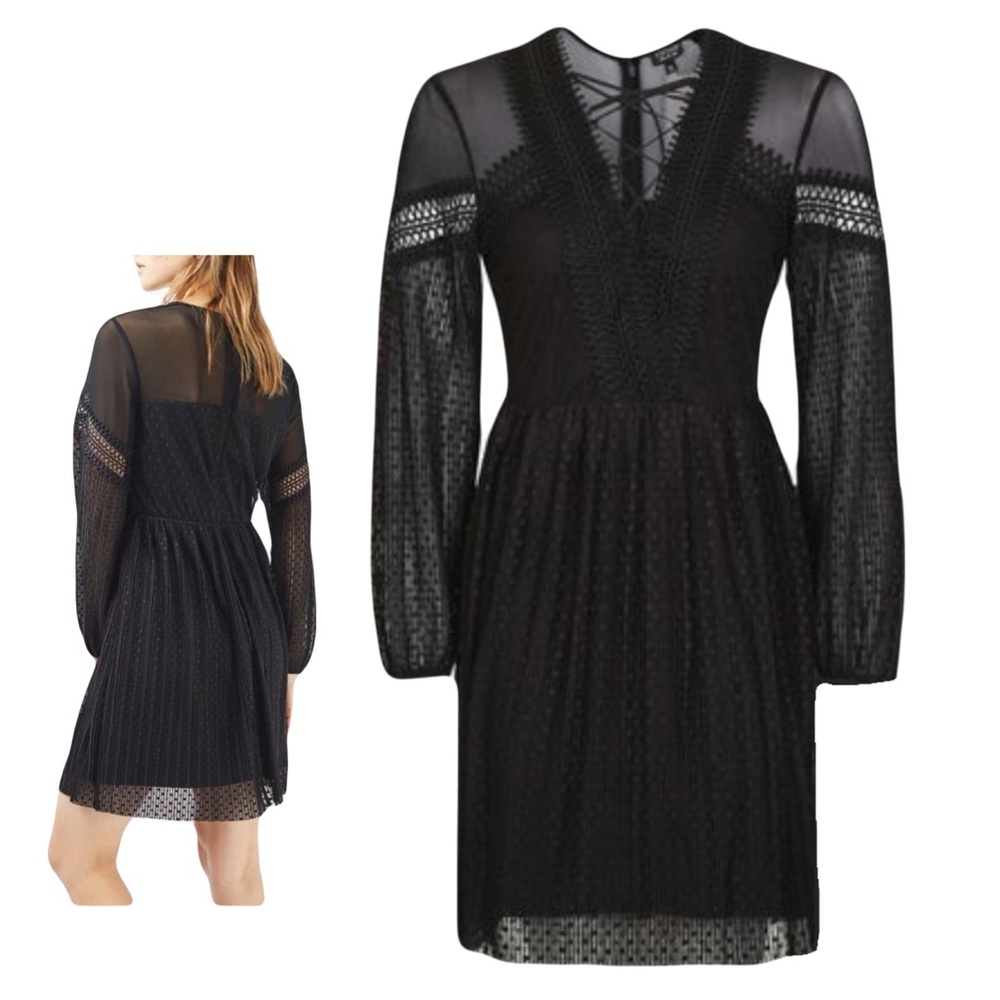 Dark Romantic Black Long Sleeve Lace and Mesh Midi Dress Size Small Whimsy Goth